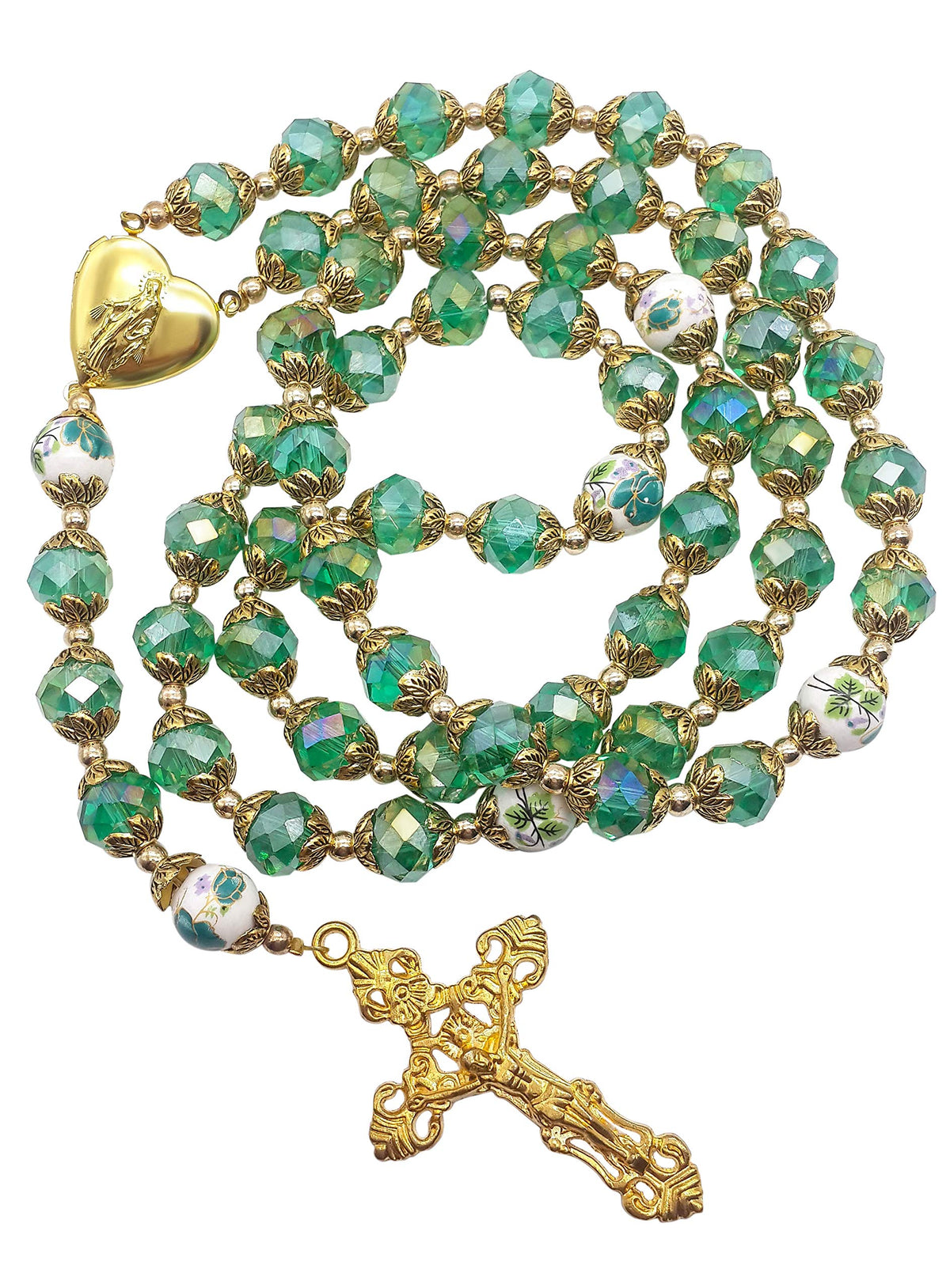 Nazareth Store Catholic Green Crystal Beads 10mm Gold Rosary Flowers Beaded Necklace Miraculous Heart Locket Medal & Cross Relig