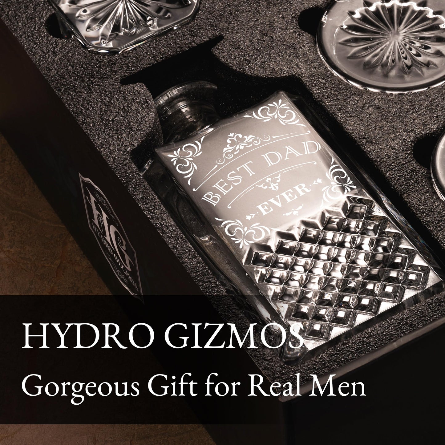 Luxury Gift For Men - Best Dad Ever - Unique Engraved Whiskey Decanter Set For Beloved Dad Christmas or Birthday Gift – 4 Whiskey Glasses And Decanter Set Is a Great Gift Idea for Whisky, Bourbon
