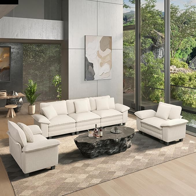 HERA'S HOUSE 3 Pieces Modular Sectional Sofa Sets, Oversized Couch Set with Loveseat and Armchairs, Comfy Cloud Couches with Throw Pillows, 5-Seater Deep Seat Sofa for Living Room, Corduroy Beige