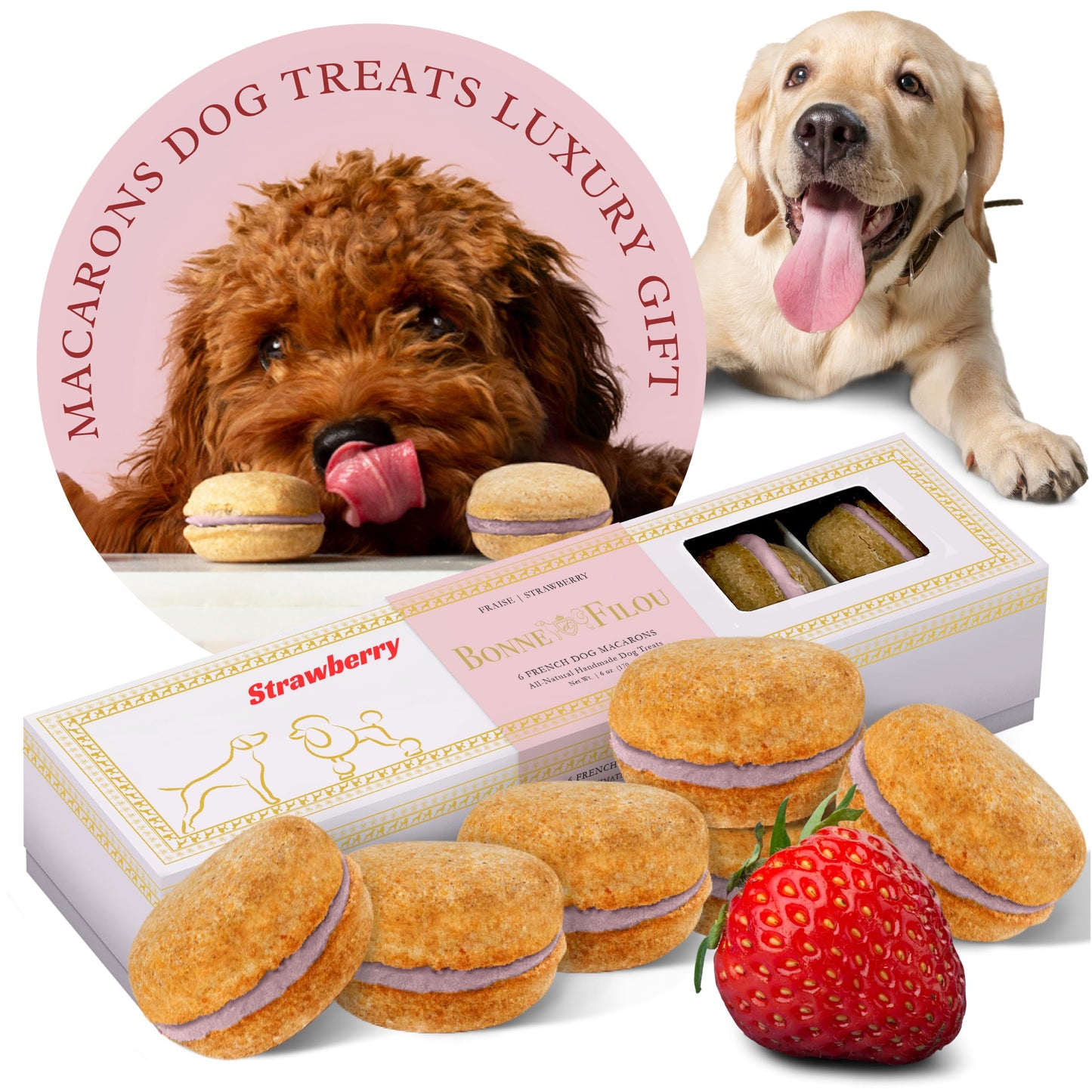 Bonne et Filou Dog Treats Strawberry Cupcakes, Dog Birthday Gift for Medium to Large Breed – Gourmet Macaron Cakes, Healthy & Delicious Human Grade Snacks – 6 Count