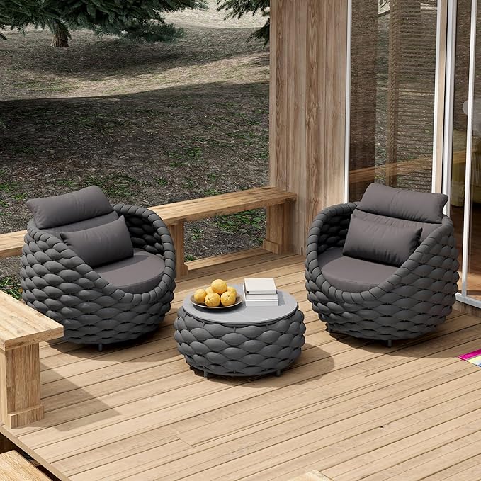 Erotr Front Porch Furniture Set 3 Piece: Aluminum Woven Rope Patio Conversation Sofa Set for 2 - Assembled Outdoor Couch Armchair Set Cushions - for 400lb Deck Balcony Pool Yard Hotel - Dark Gray