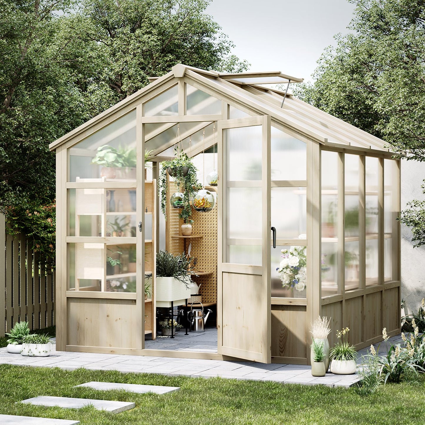 8x8FT Greenhouses for Outdoors, Wooden Greenhouse with Lockable Door, Wood Frame & Adjustable Vent, Polycarbonate Panel Heavy Duty Greenhouse for Outside, Garden, Yard, Light Brown
