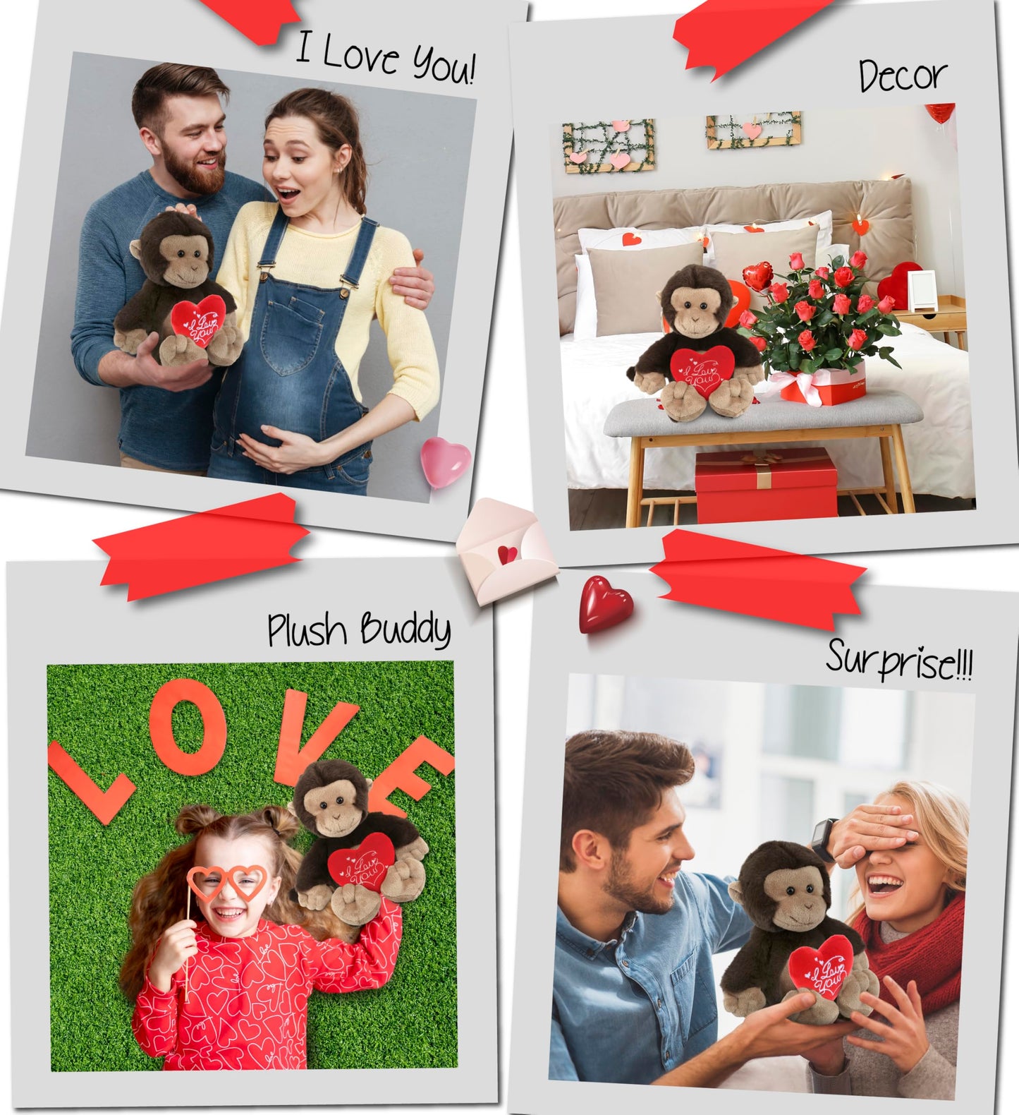 DolliBu I Love You Valentine Plush Monkey - Cute Stuffed Animal with Red Heart and Name Personalization Gift for Valentines Day, Birthday, Anniversary, Romantic Date - 9 Inches