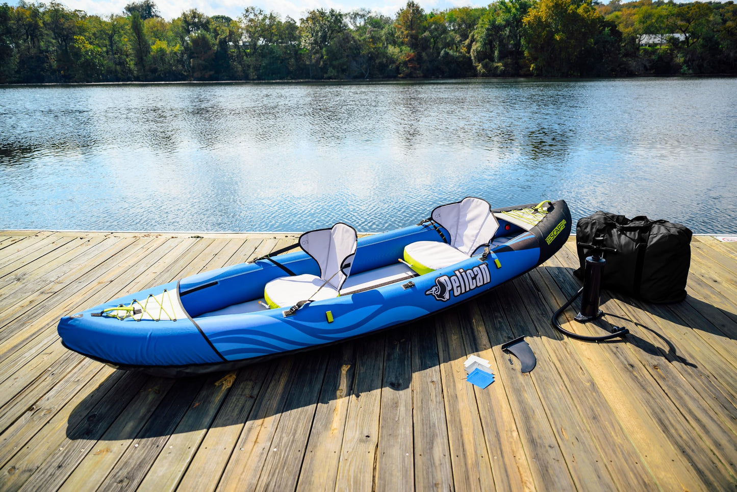 Pelican iESCAPE 110 Inflatable Convertible Kayak - Recreational Single or Tandem Kayak - Compact, Stable and Fun All in One - Transport Bag & Pump Included - 11 ft - Blue