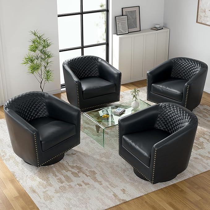 UIXE Swivel Accent Chairs Set of 4, PU Leather Barrel Club Chair for Living Room, Upholstered Round Armchair Comfy Single Sofa Bedroom Reading Seat - Beige Cream