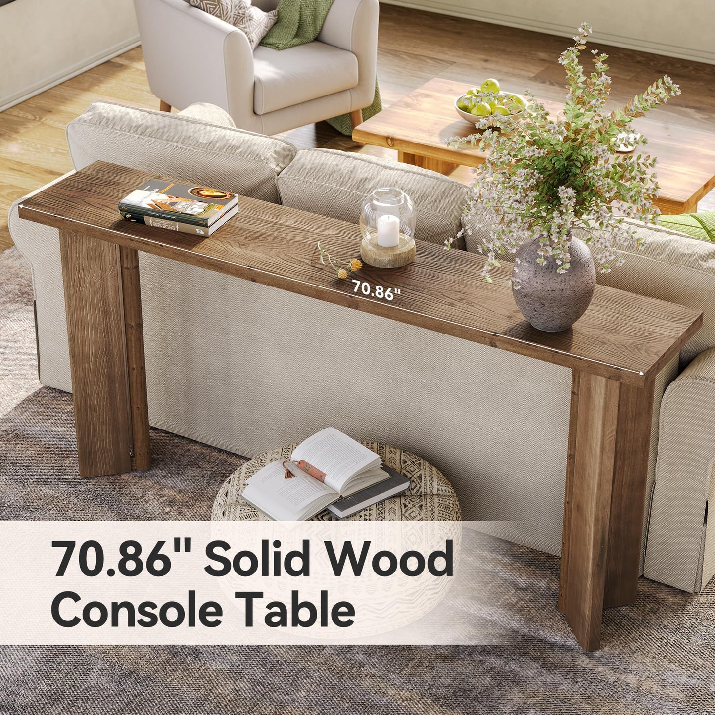 Solid Wood Console Table, 70.9-Inch Narrow Long Sofa Table Behind Couch, Farmhouse Entryway Table for Living Room, Hallway, Foyer