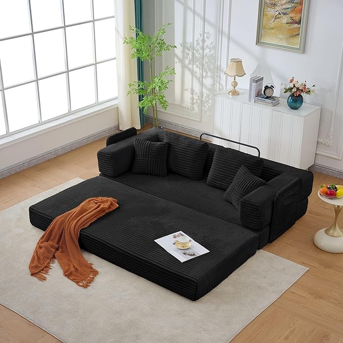 79.5" Folding Convertible Sofa Bed with Side Storage Pockets, 4-in-1 Corduroy Boneless Couch, No Assembly Loveseat Sleeper, Floor Sofa Daybed Futon Couch for Living Room Bedroom Lounge, Black Upgraded