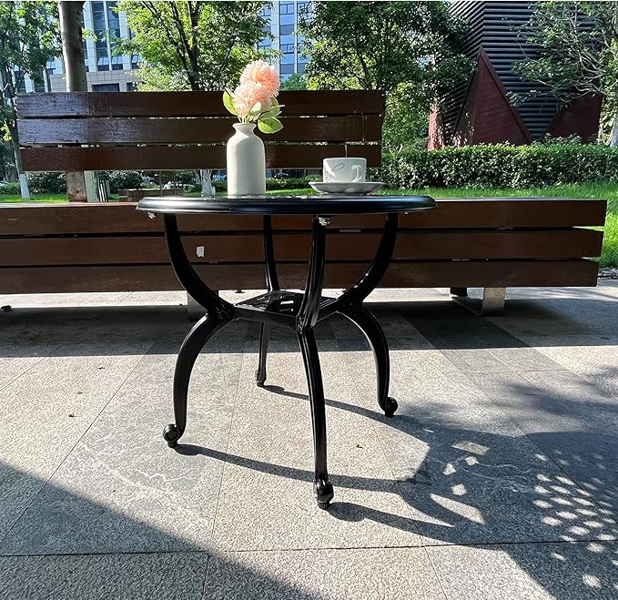 WILOUNGE Cast Aluminum Outdoor Side Table,Small Patio Table,Outdoor Coffee Tables for Patio,Garden,Balcony, for All Weather (Black, Round)