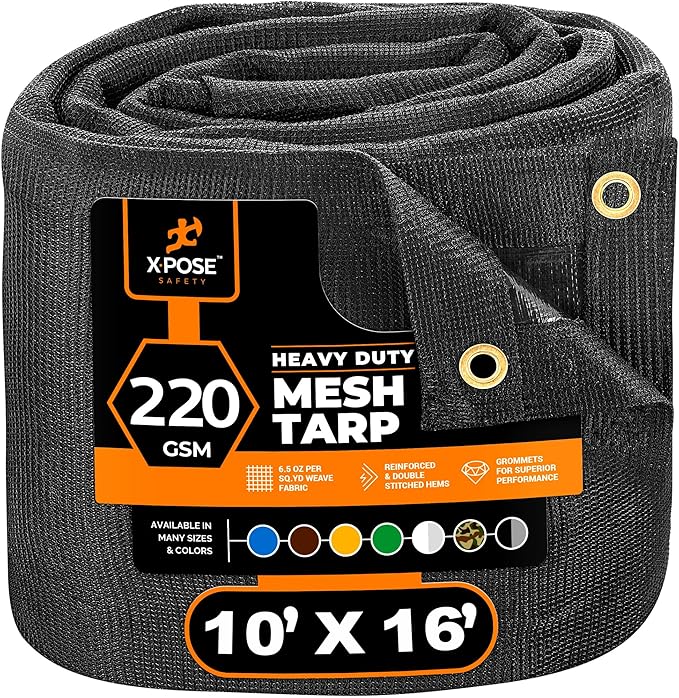 Xpose Safety Heavy Duty Mesh Tarp – 10’ x 16’ Multipurpose Black Protective Cover with Air Flow - Use for Tie Downs, Shad...