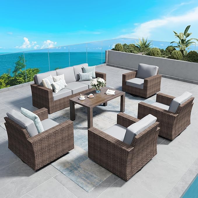 SUNSHINE VALLEY Swivel Glider 6 Piece Outdoor Furniture Set with Swivel Chairs, Wicker Patio Furniture with 4.92" Wide Armrest, 26.3" Deep Seating and 5.5" Thick Cushions, Grey