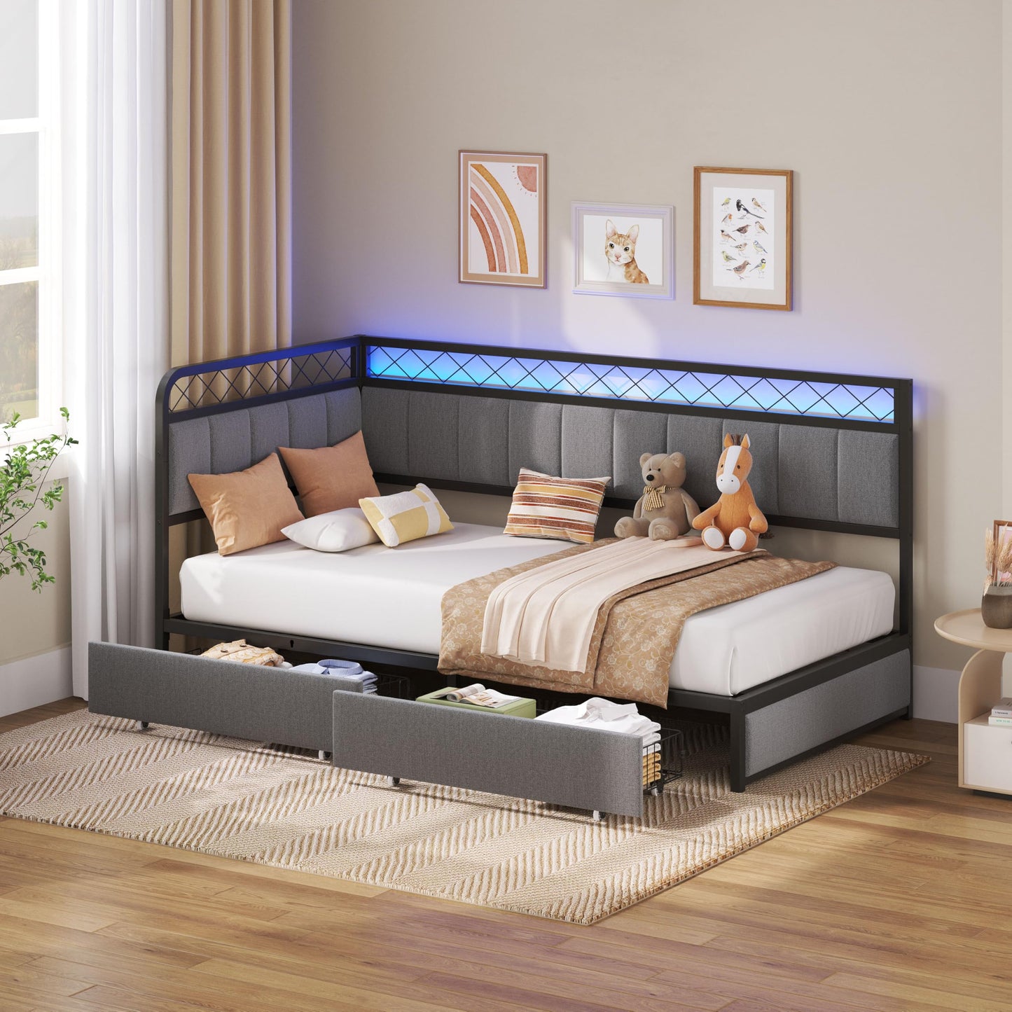 ANCTOR Twin Corner Bed Frame with 2 Storage Drawers, Daybed with LED Lights and Charging Station, Metal Platform Bed Frame for Living Room, Bedroom and Guest Room, Gray