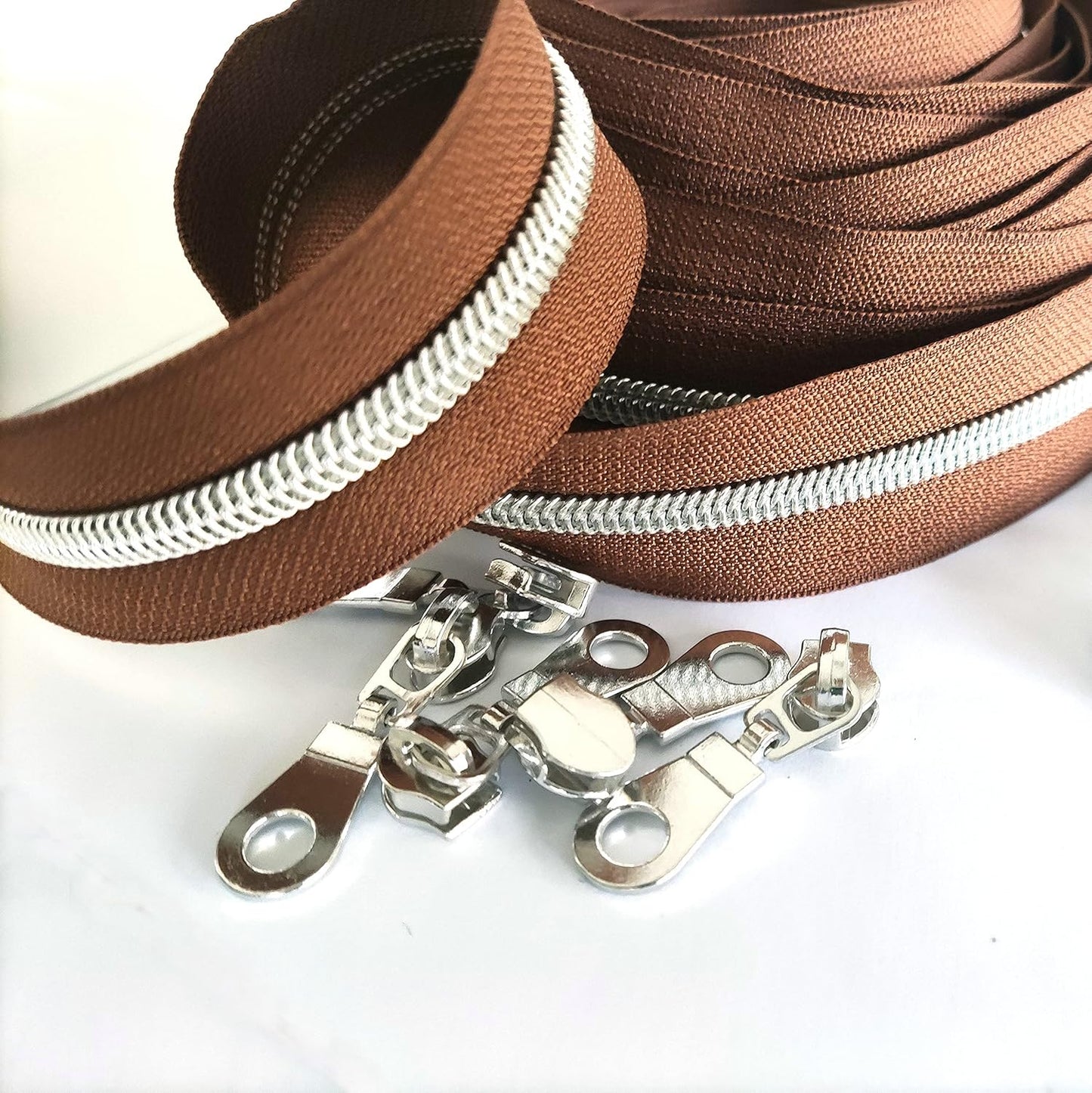 Leekayer #5 Metallic Silver Nylon Coil Zippers by The Yard Bulk 10 Yards Brown Zipper Tape with 25pcs Silver Sliders for DIY Sewing Tailor Craft Bag(Brown)