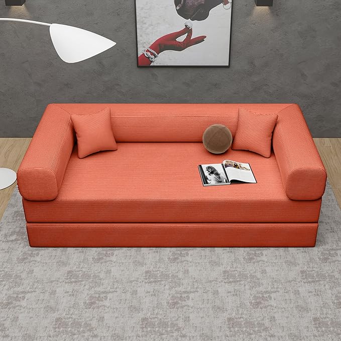 Convertible Couch Sofa Bed Foldable Floor Sleeper | All High-Density 35D Foam | Fold Out Deep Seat Couch | King Size | Compression Sofa Sleeper for Living Room, Bedroom | Corduroy Orange