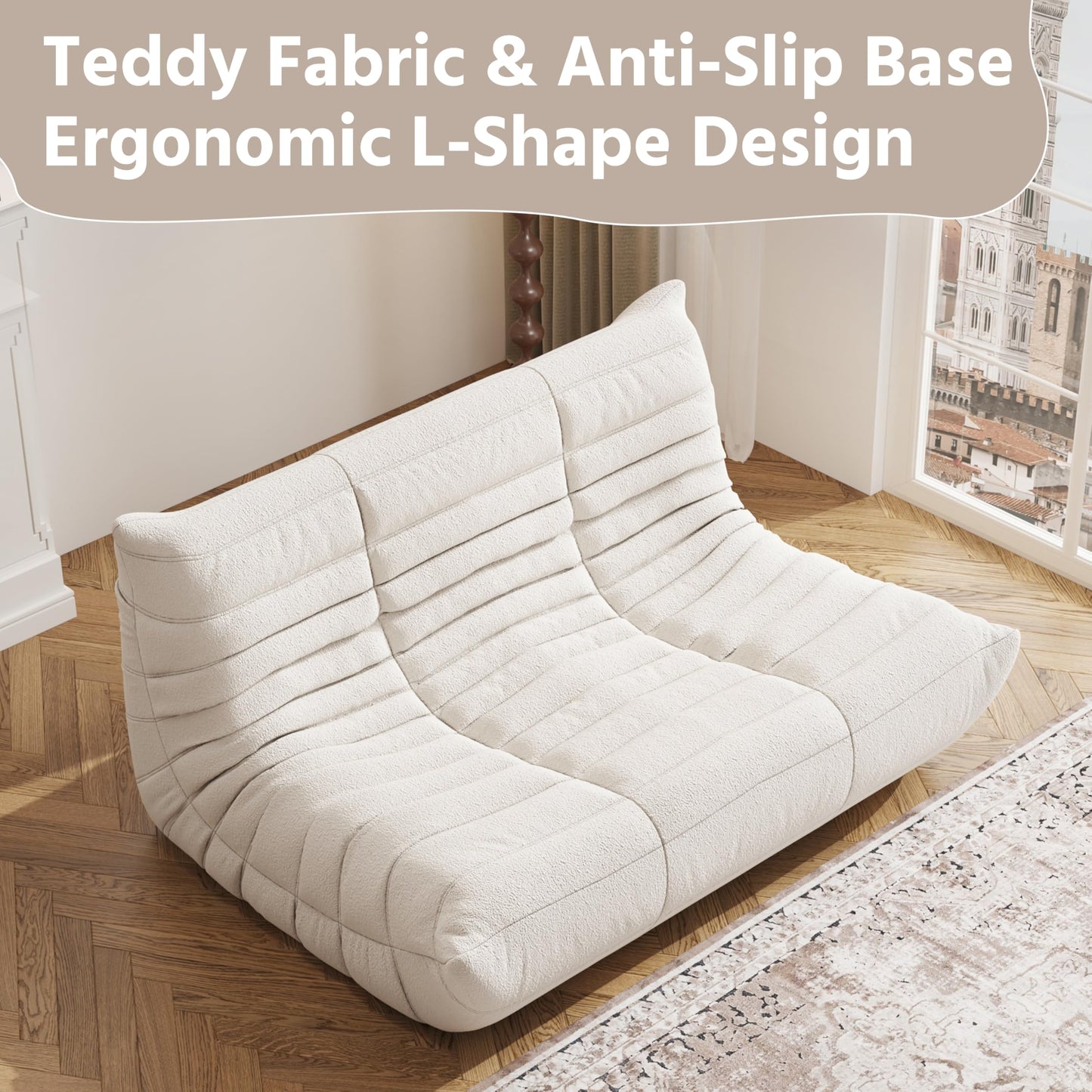 Bean Bag Chair, Fireside Chair, Large Bean Bag Chair for Adults, Bean Bag Chairs for Teens with High-Resilience Foam, Non-Slip Base Floor Lounge Sofa,Living Room (Beige, Loveseat)
