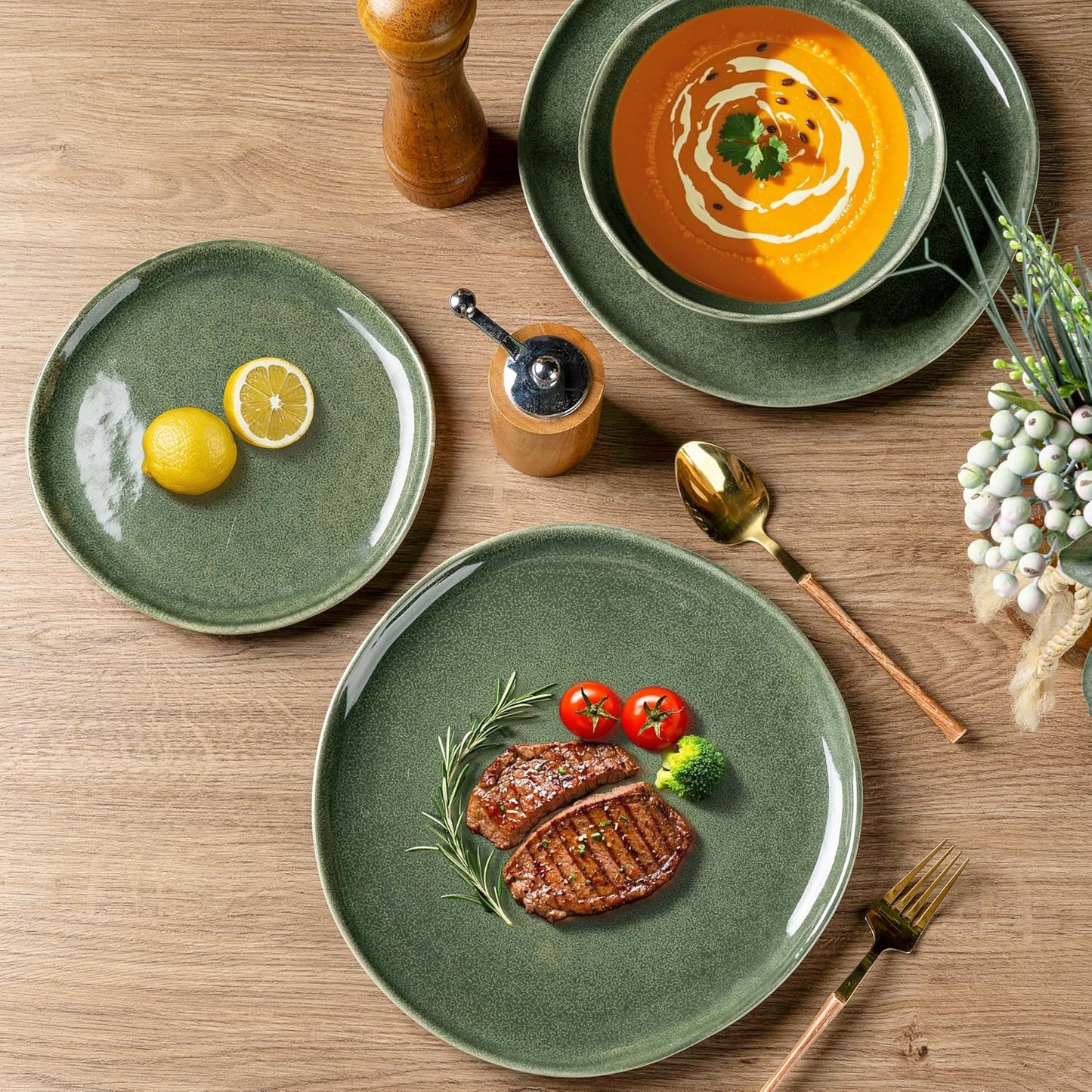 AmorArc Ceramic Dinnerware Sets,Handmade Reactive Glaze Stoneware Plates and Bowls Set,Highly Chip and Crack Resistant | Dishwasher & Microwave Safe Dishes Set,Service for 4 (12pc)