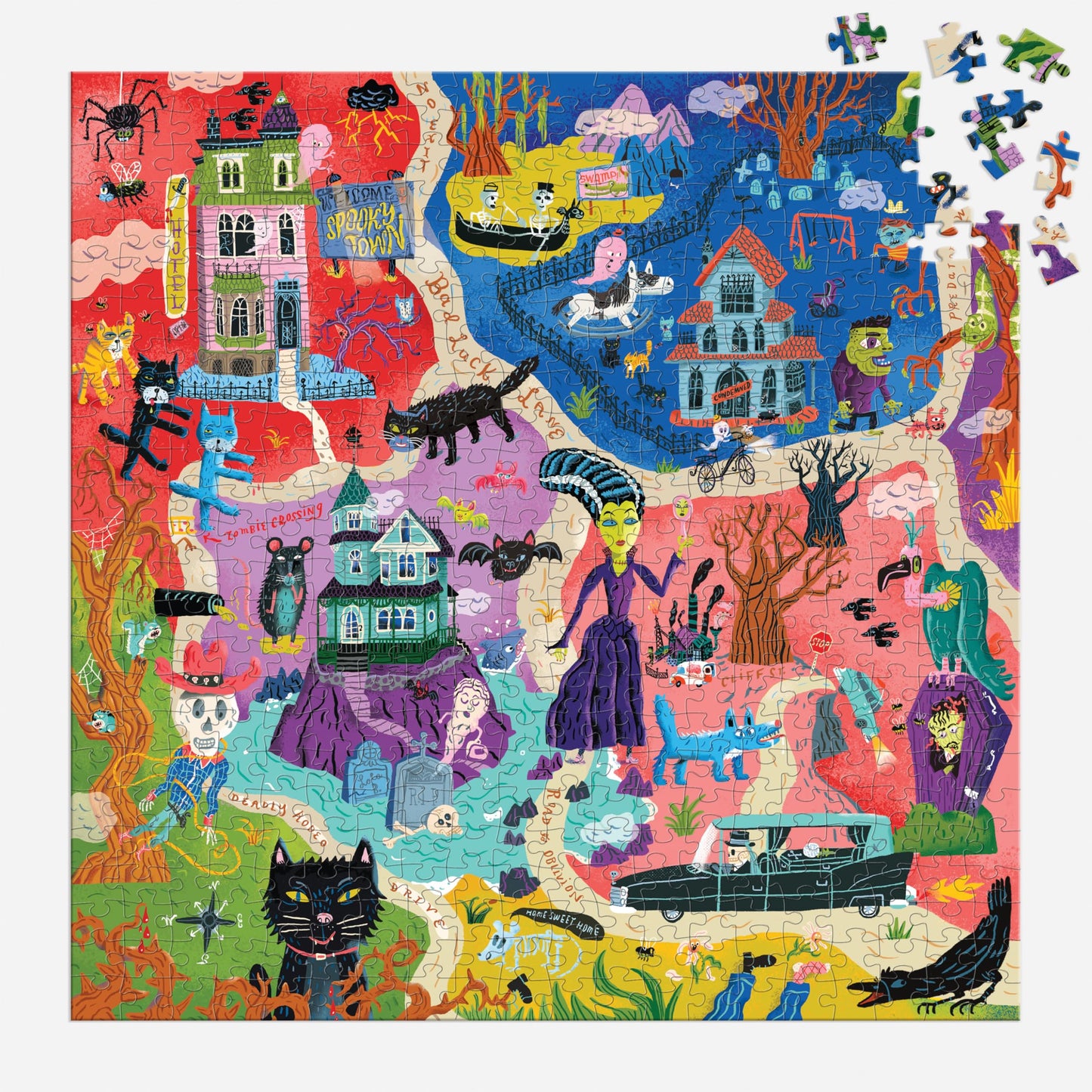 Mudpuppy Welcome to Spooky Town – 500 Piece Family Jigsaw Puzzle Featuring Bold and Spooky Illustrations of A Haunted Town Filled with Goblins Ghouls and Monsters