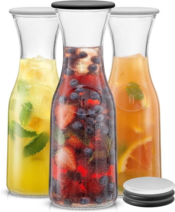 JoyJolt Glass Carafe with Lid, Set of 3 – 1 Liter Glass Pitcher for Mimosa Bar, Water, Iced Tea, Juice, Wine, Lemonade, Mi...
