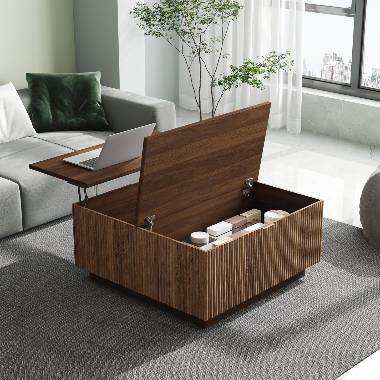 Epecoya 31" Lift Top Coffee Table with Hidden Storage & Farmhouse Fluted Design, Square Wooden Lift-Top Table for Living Room, Apartment, Small Spaces, Brown Walnut