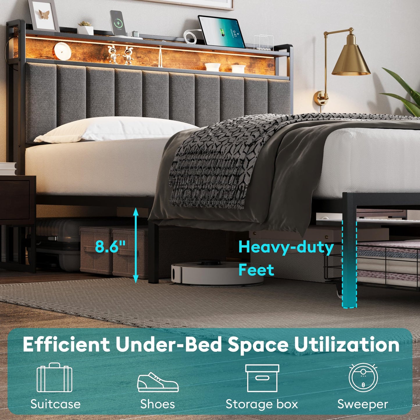 Queen Bed Frame with Storage, Upholstered Bed Frame with LED Lights Headboard and 2 Drawers, Charging Station, Noise-Free, No Box Spring Needed, Easy Assembly, Grey
