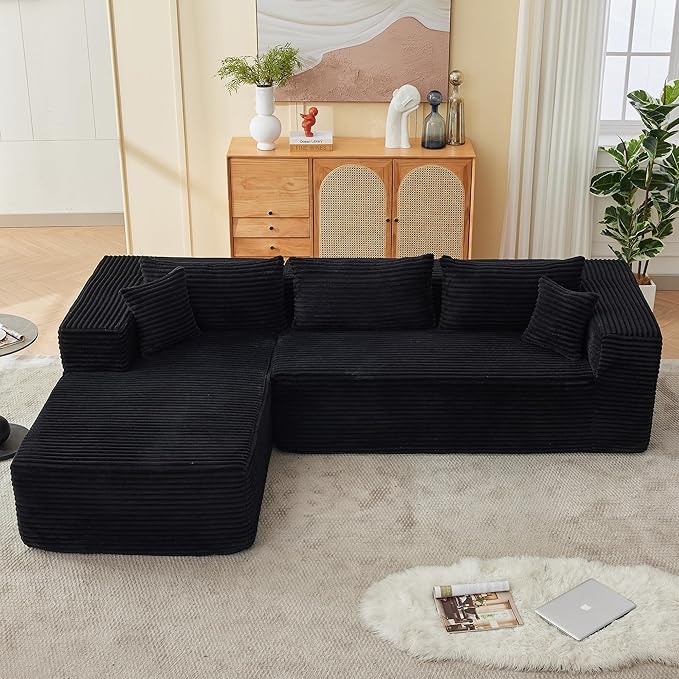 107" Modular Sectional Sofa, L-Shaped Cloud Couch with Deep Seat, Boneless Fluffy Corduroy Sofa for Living Room, No Assembly Required, (Left Facing Chaise,Black)