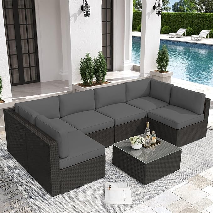 Crownland 7-Piece Outdoor Patio Furniture Sets, All-Weather Black Wicker Rattan Sectional Sofa, Modern Glass Coffee Table and Washable Seat Cushion with YKK Zipper (Grey)