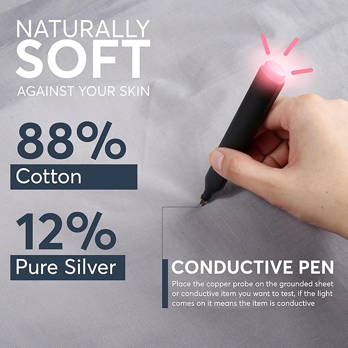 Emberix Grounding Sheets Queen Size, 12% Pure Silver Fiber Earthing Bed Sheet, 88% Cotton Naturally Soft & Cooling, Grounded Bed Sheets with Eye Masks & Ear Plugs for Rest & Wellness (Gray)
