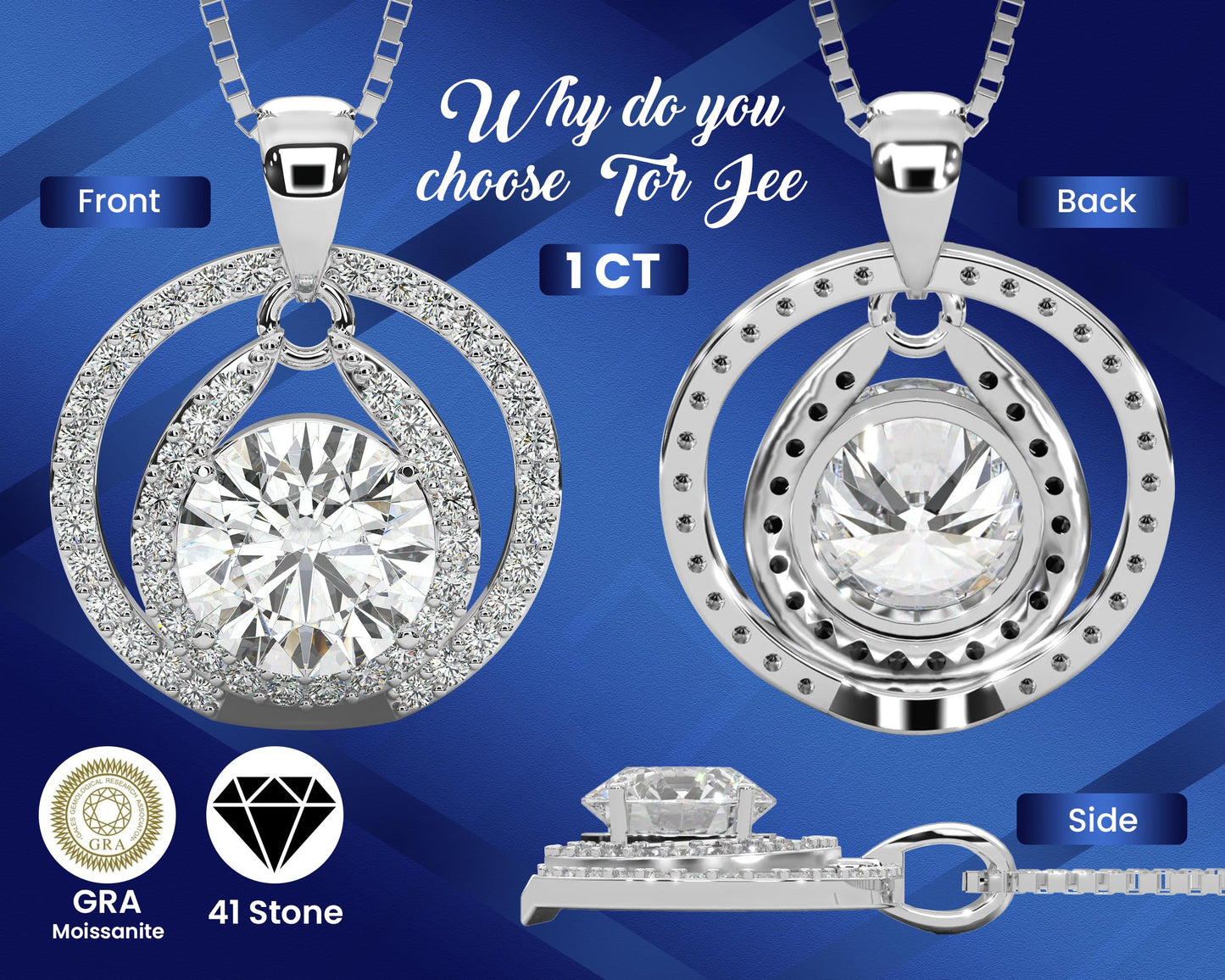TOR JEE Certified Moissanite Pendant Necklace Gift for Women Birthday for Her, Platinum Plated Silver Necklace with Moissanite Diamond Imitation Gift for Wife from Husband (Circles, 1 CT)