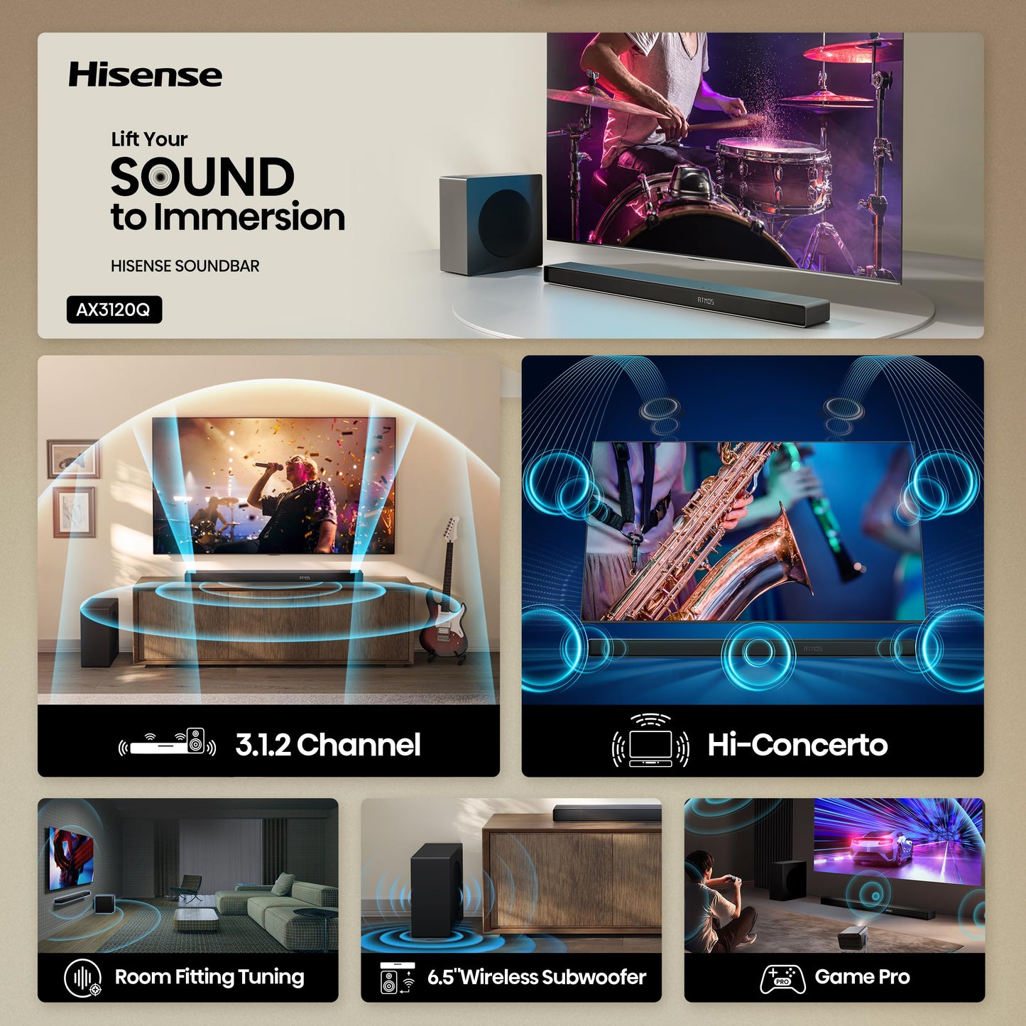 Hisense AX3120Q 3.1.2Ch Sound Bar with Wireless Subwoofer, Dolby Atmos, DTS:X, Bluetooth 5.3, Roku TV Ready, HDMI/AUX/ARC/Optical/USB, EzPlay 3.0, 7 EQ Modes, Hi Concerto