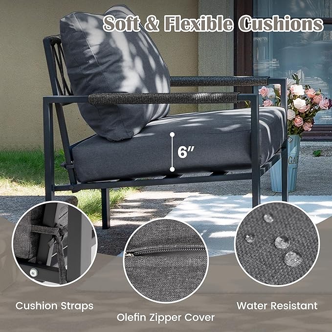 PATIOCHIC 5 Pieces Rattan Outdoor Furniture Set, All-Weather Patio Conversation Set with Dark Grey Cushions and Coffee Tables for Garden, Backyard, Balcony, Poolside