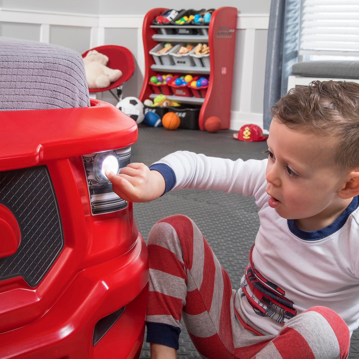 Step2 Turbocharged Twin Size Truck Car Bed, Car Bed for Boys & Girls, Working Headlights & Built-In Storage, Made of Durable Plastic, For Toddlers 3+ Years Old, Vibrant Red