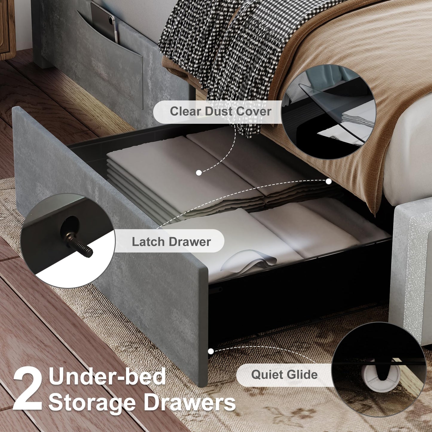 Torana Queen LED Bed Frame with 2 Drawers, Soft Velvet Platform Bed with Diamond Tufted Headboard Footboard and 2 Side Pockets, Mattress Foundation with Wooden Slats Support No Box Spring Needed, Grey