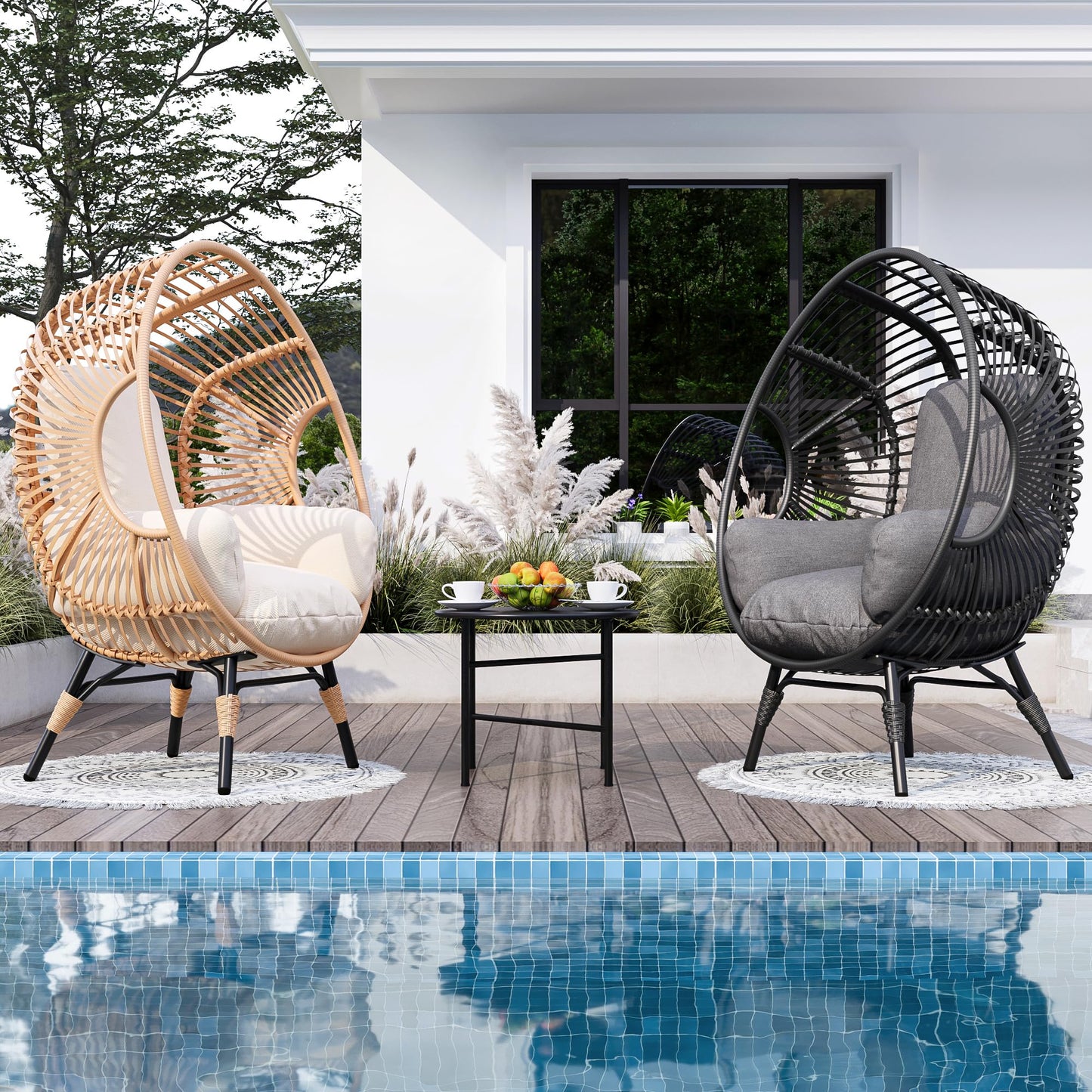 TQKVIPI Oversized Wicker Egg Chair, Outdoor Indoor Rattan Patio Egg Lounge Chairs with Cushion 500lbs Capacity for Living Room, Balcony, Backyard(Black)