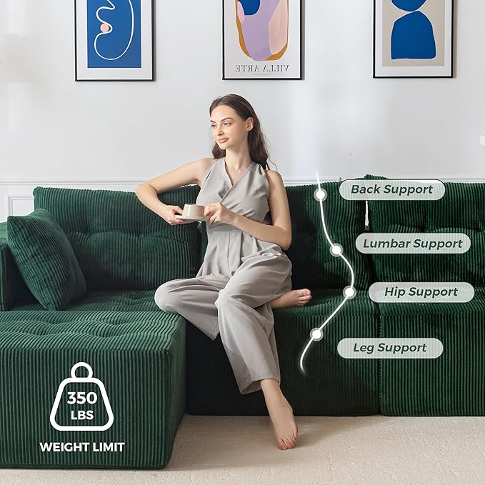 MAXYOYO Modular Sectional Sofa Couch, L Shaped Modern Cloud Couch with Ottoman, Sofa in A Box, Tufted 4-Seat Boneless Sleeper Chair for Living Room, No Assembly Required, Green