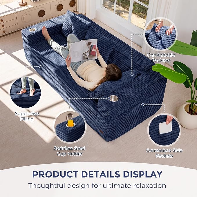 MAXYOYO 79" Oversized Boneless Loveseat Sofa Couch for Small Spaces, Mini Love Seat Floor Couch with Cup Holders and Pillows, 3-Seater Upholstered Cloud Couch for Bedroom, No Assembly Required