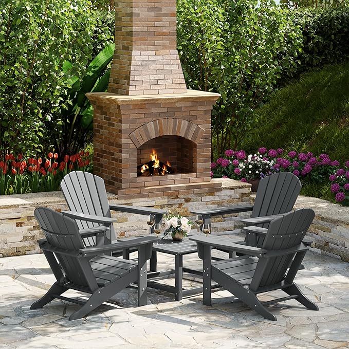 Costaelm Patio Conversation Set, Patio Chairs Set of 5 Balcony Firepit Furniture Outdoor Adirondack Square Table and Chair Backyard Furniture Set for Lawn Porch Pool Garden, Gray