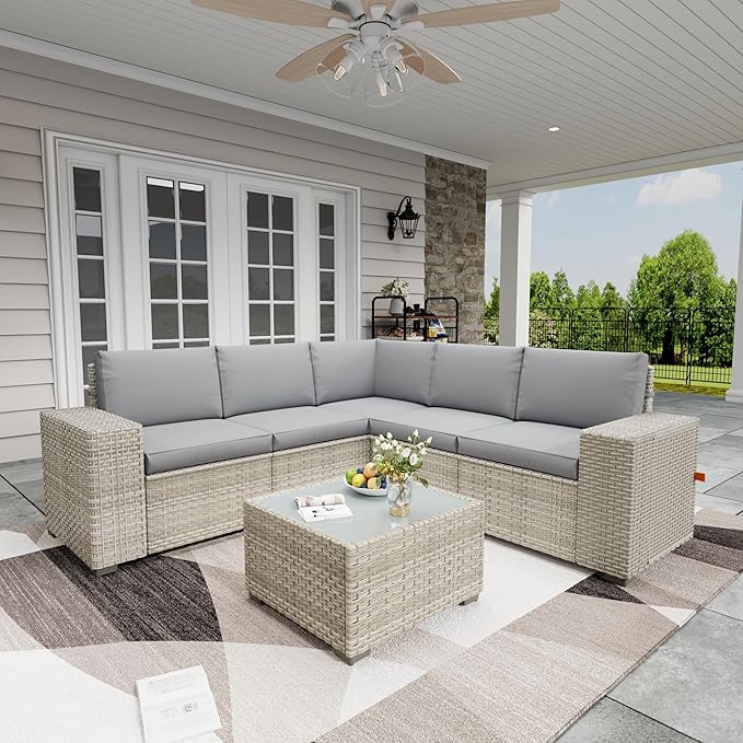 Broivira 6 Piece Patio Furniture Set, 9.8" Wide Arm Sectional Sofa with Storage Armrests, All-Weather Rattan Outdoor Conversation Set for Garden, Porch, Lawn, Backyard, Balcony, Grey