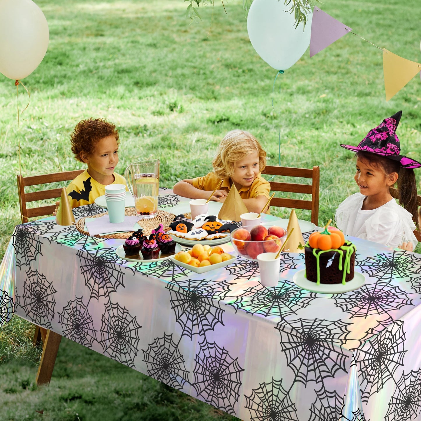 Cheerland Spiderweb Tablecloth Iridescent Holographic Foil Table Cover Halloween Party Decorations Disposable Plastic Cloth for Spooky Birthday Bachelorette Bridal Shower Halloween Party Supplies 2pcs