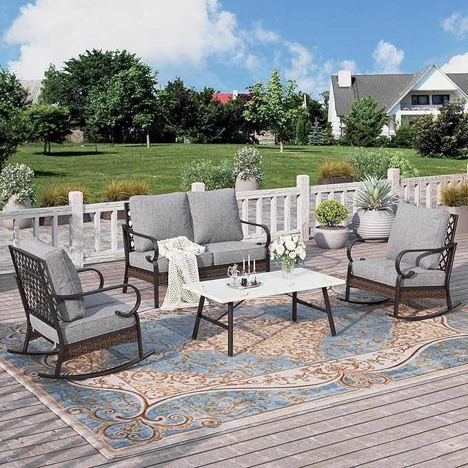 HERA'S HOUSE 4 Piece Metal Patio Furniture Set, 2 x Rocking Cushioned Chair, 2-Seat Lover Sofa with Coffee Table, All Weather Outdoor Conversation Set for Lawn Garden Backyard Deck, Grey