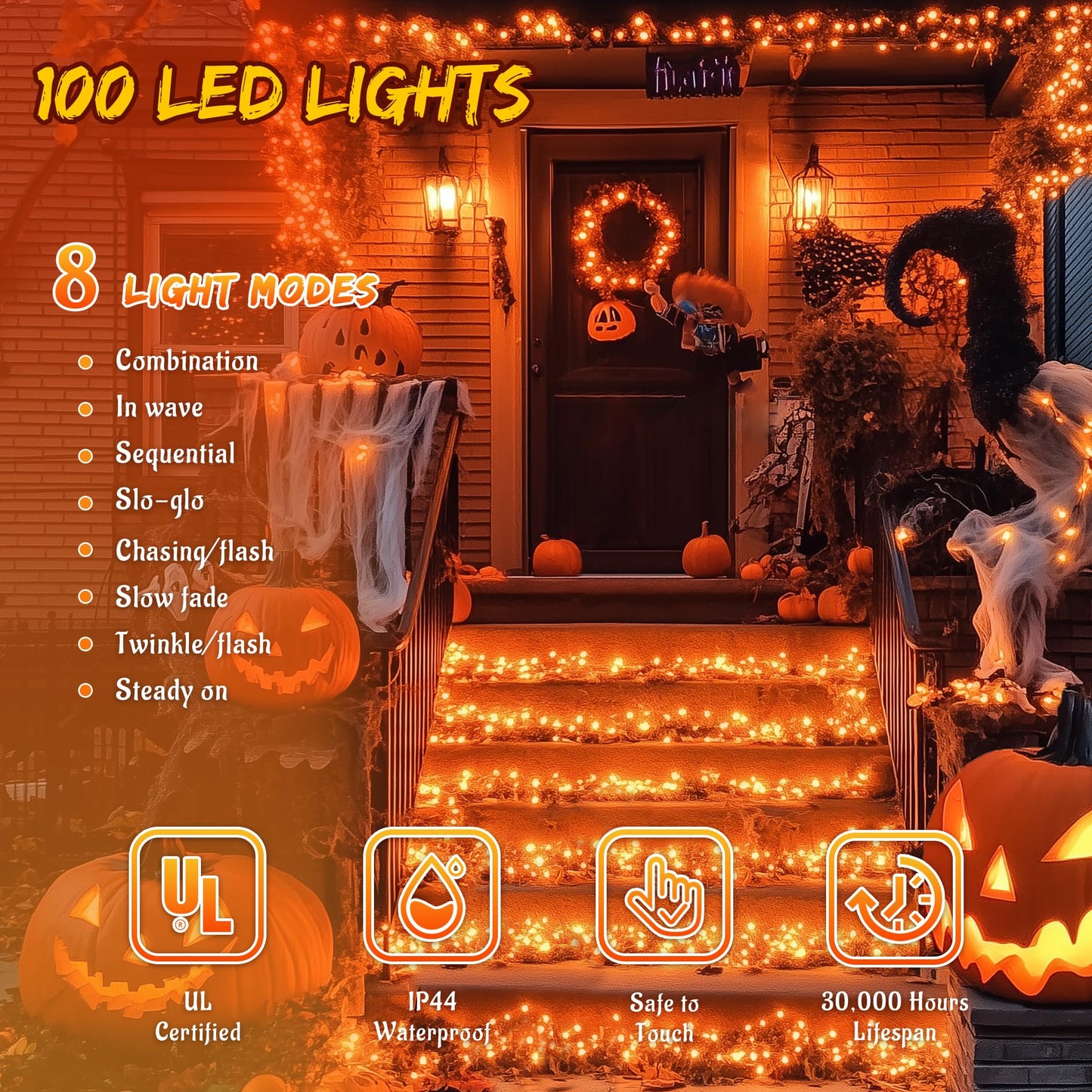 Halloween Lights Outdoor, Orange String Lights Plug in,8 Modes Connectable Twinkle Orange Christmas Lights for Tree Party Garland Thanksgiving Fall Halloween Decorations(33FT 100LED)