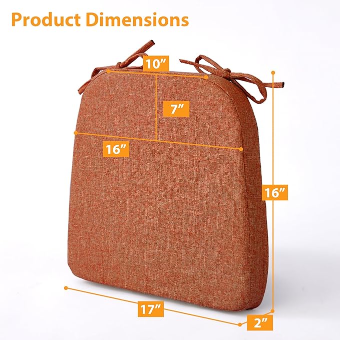 Ruqmuis Chair Cushions for Dining Chairs, 2" Thick Seat Cushions for Kitchen Chairs, D-Shaped Chair Pads with Washable Cover, Ties and Non Slip Backing, 17'' x 16'', Set of 2, Orange