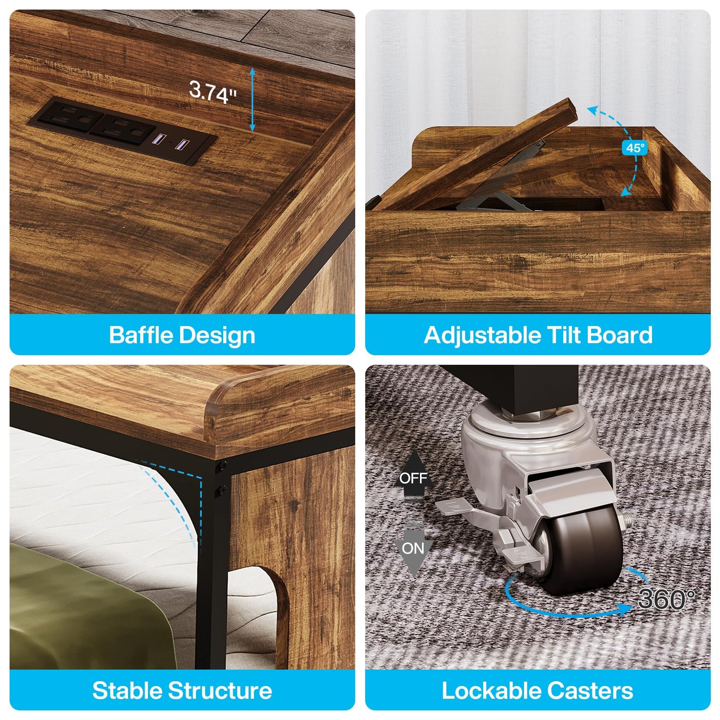 Tribesigns Overbed Table with Wheels, 71" Queen Size Bed Table with Adjustable Tilt Board, Mobile Laptop Cart with Outlets & USB Ports