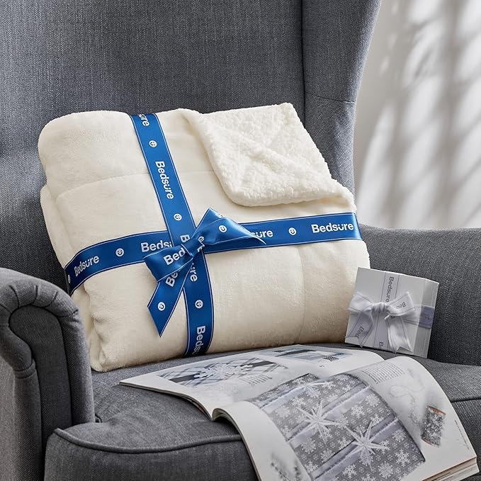 Bedsure GentleSoft Sherpa Fleece Throw Blanket Twin Size for Couch - Thick and Warm Throw for Women and Men, Soft Fuzzy Plush Twin Blanket for Winter, Non-Heated, Cream, 60x80 Inches