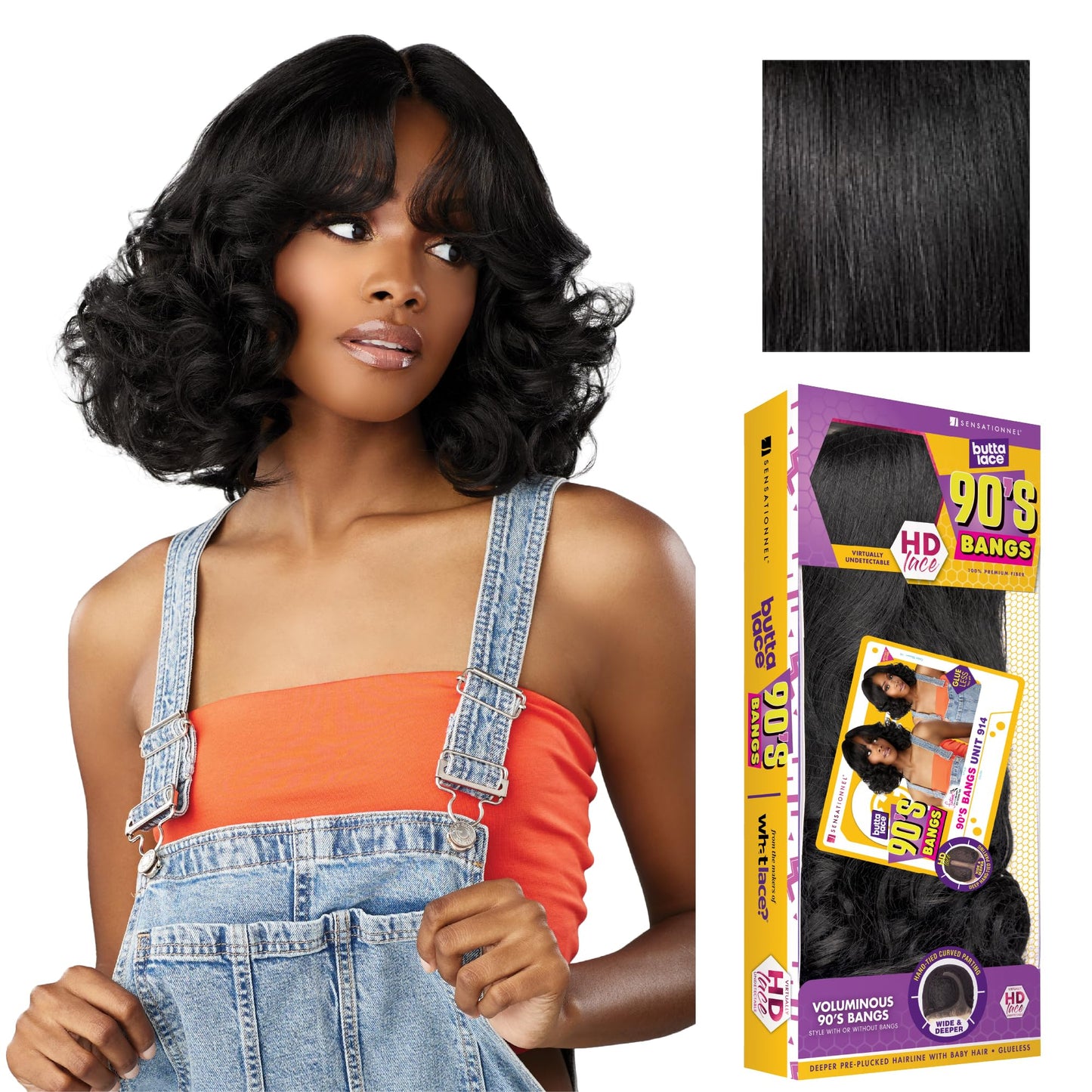 Sensationnel Butta Lace 90Sbangs Wigs - Unit 914 Glueless Wide Deep Part Synthetic Preplucked Hairline (1 JETBLACK)