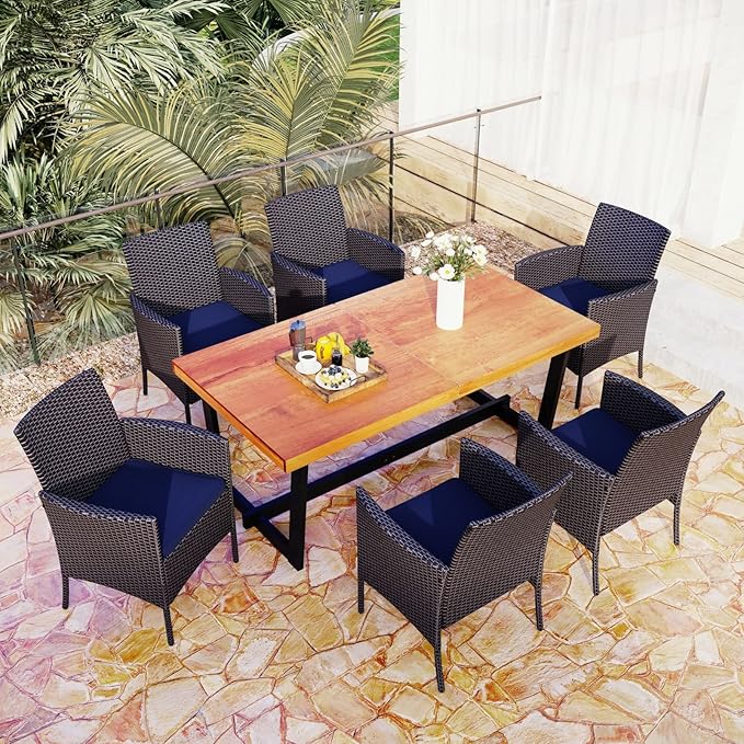 MFSTUDIO Patio Wicker Chair Sets of 6, Outdoor Patio Rattan Sofa Dining Chairs Set of 6 with Navy Removable Cushions, Armrests and Metal Frame, 330lbs, Backyard, Porch