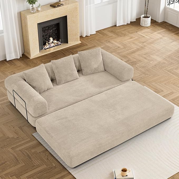 DAMAIFROM Convertible Sleeper Sofa Bed with Cylindrical Pillow, Corduroy Folding Mattress Couch with Fixed-Shape Frame, Modular Floor Sofa Lounge Couch for Living Room Bedroom Lounge, Light Brown