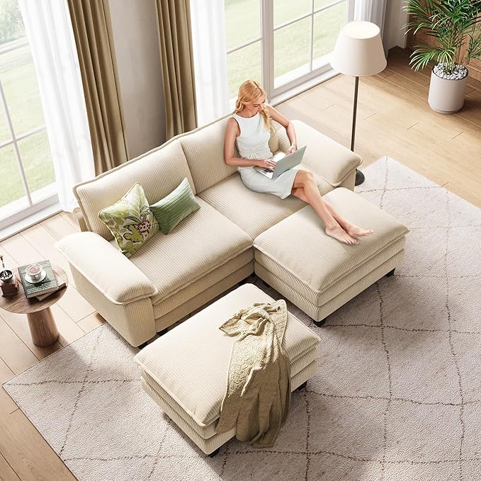 LINSY HOME Modular Sectional Sofa - Oversized Corduroy Cloud Couch with Movable Ottoman Soft Modern Comfy Sofa Set for Living Room Apartment Office, Beige