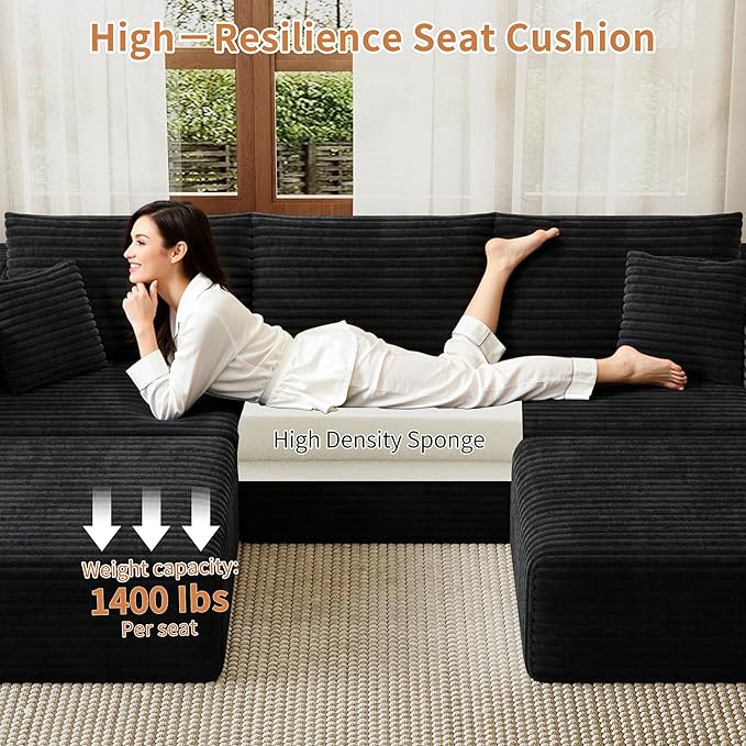 Fancyfire 108" Cloud Modular Sectional Couch with 2 Ottoman,Ultimate Comfort U-Shaped Deep Seat Sofa,Boneless Couch Upholstered 3-Seater Sofas for Living Room, No Assembly Required(Black)
