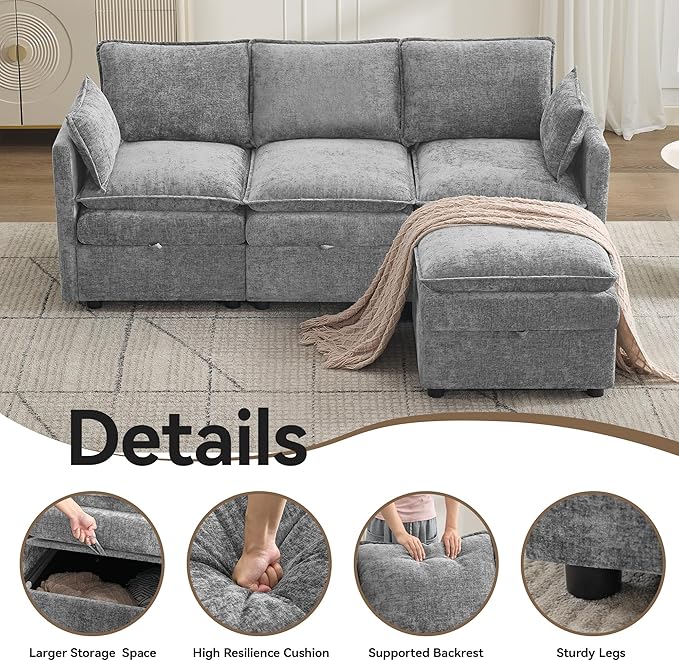 80" Cloud 3 Seater Sectional Modular Couch with Storage Ottoman, Upholstered Storage Sofa Deep Seat, Chenille L Shape Sofa Comfy Couches with Armrests for Living Room, Small Space, Light Grey