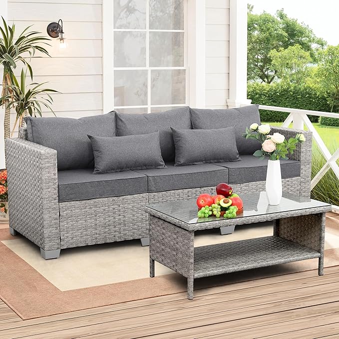 WAROOM Outdoor Couch 3 Seater Wicker Patio Sofa Grey Rattan Deep Seat Balcony Furniture Porch Seating with Grey Cushion