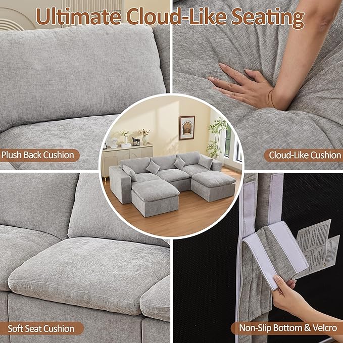 115'' Cloud Boneless Sectional Couch, Modular Sectional Sofa Deep Seat with 2 Ottomans, Oversized Upholstered Convertible Comfy 5 Seater Chenille Sofa U Shape Couches for Living Room, Light Grey